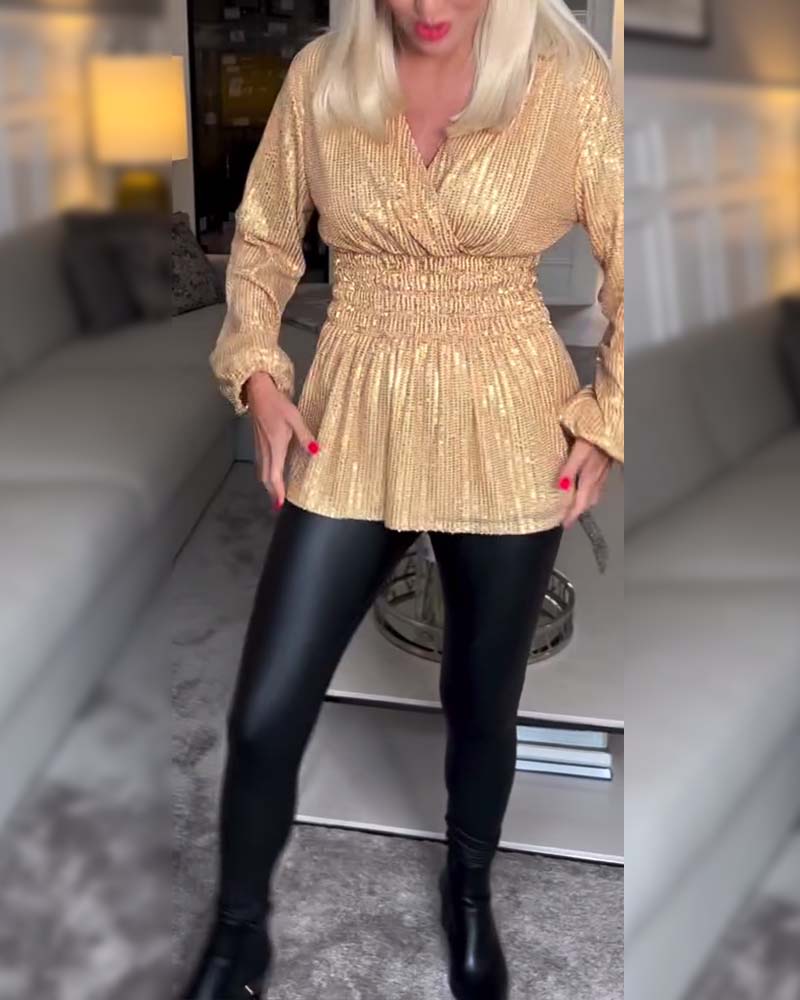 Blouse Unie À Col V Et Taille Cintrée