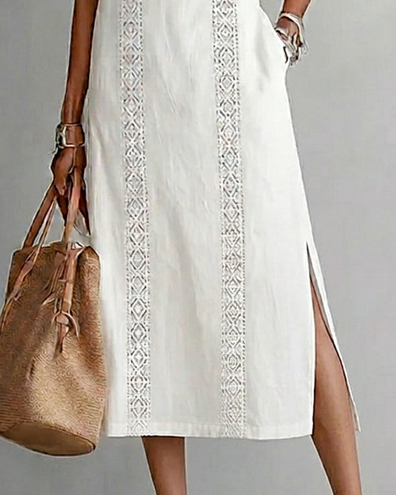 Robe 100% Coton Sans Manches Fente Dentelle Patchwork