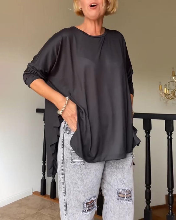 Blouse décontractée à col rond de couleur unie