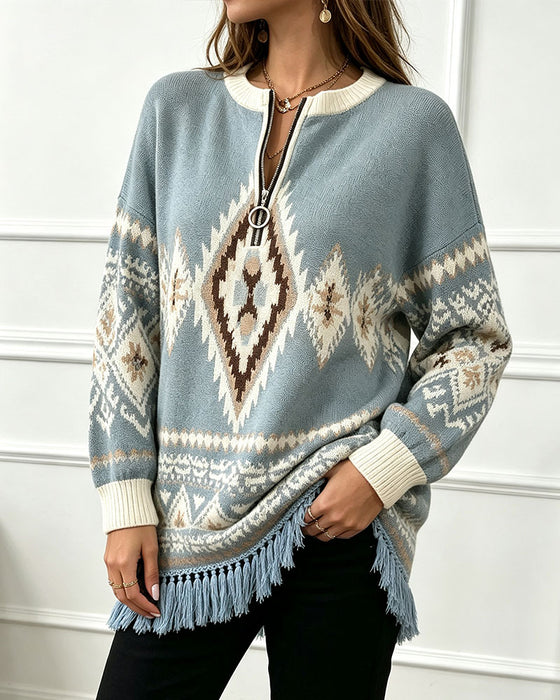 Pull Géométrique Jacquard Demi-Zip Bord Frangé