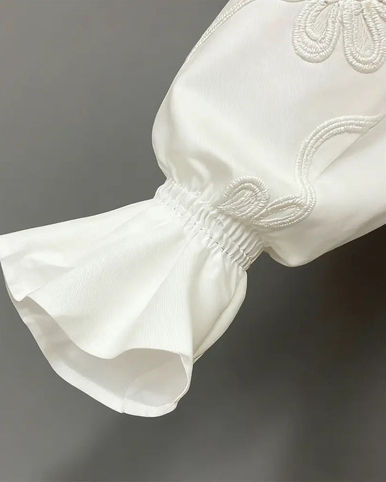 Chemise Fleur Manche Évasée Col Mandarin