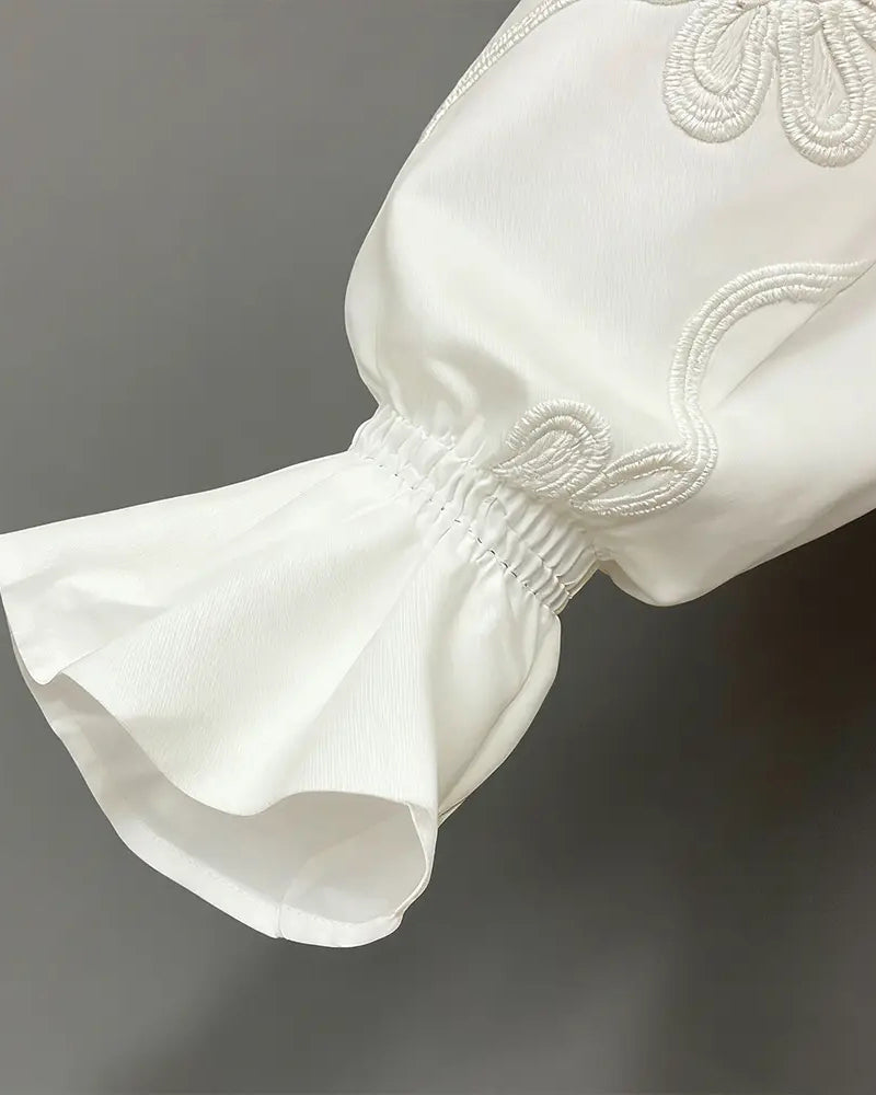 Chemise Fleur Manche Évasée Col Mandarin