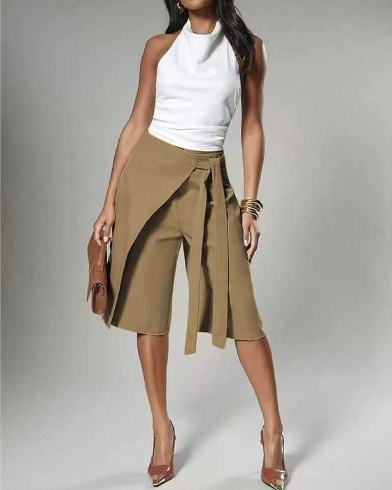 Pantalon Enveloppe Attacher Large Jambe Midi