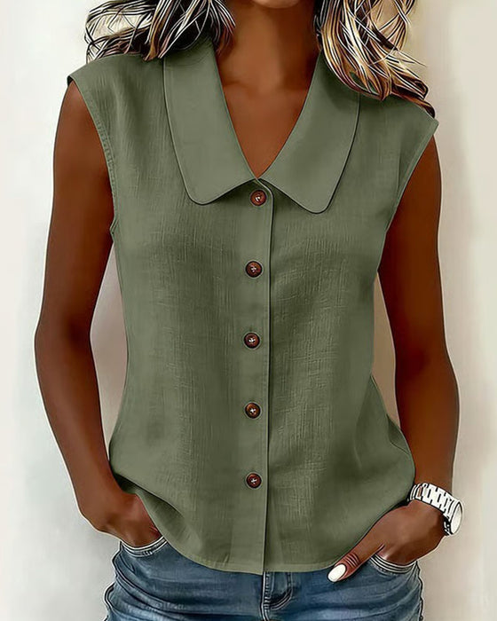 Chemise Sans Manches Col En Lin-Coton