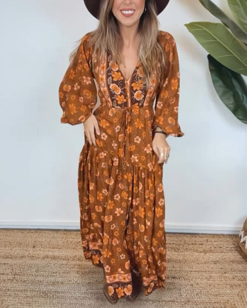 Robe à imprimé floral vintage avec col en V et manches lanterne