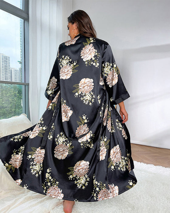 Robe pyjama sexy en imitation soie imprimée, grande taille