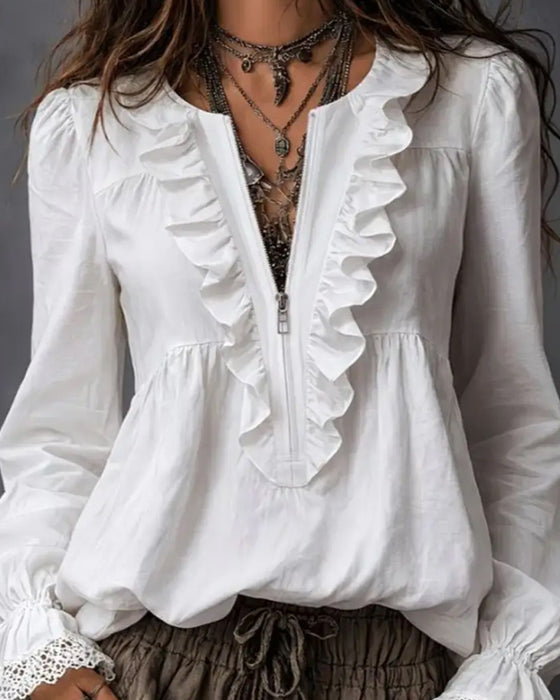 Blouse À Fermeture Éclair Et Manches À Volants