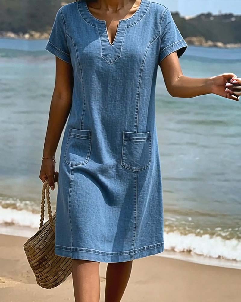 Robe Décontractée Fourreau Poche Petit Col En V