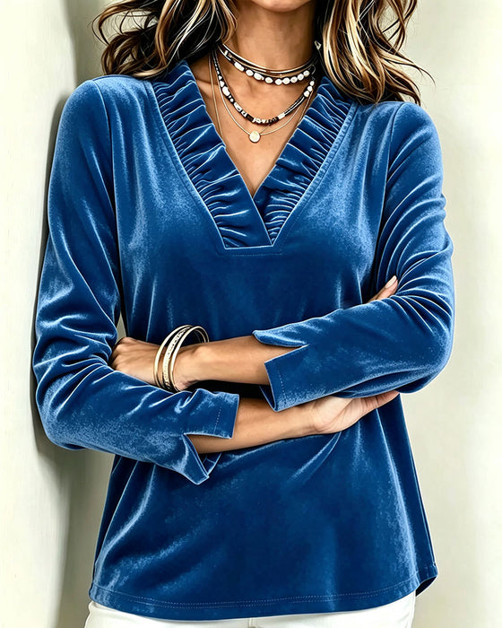 Blouse Col En V Volant Froncé Fente
