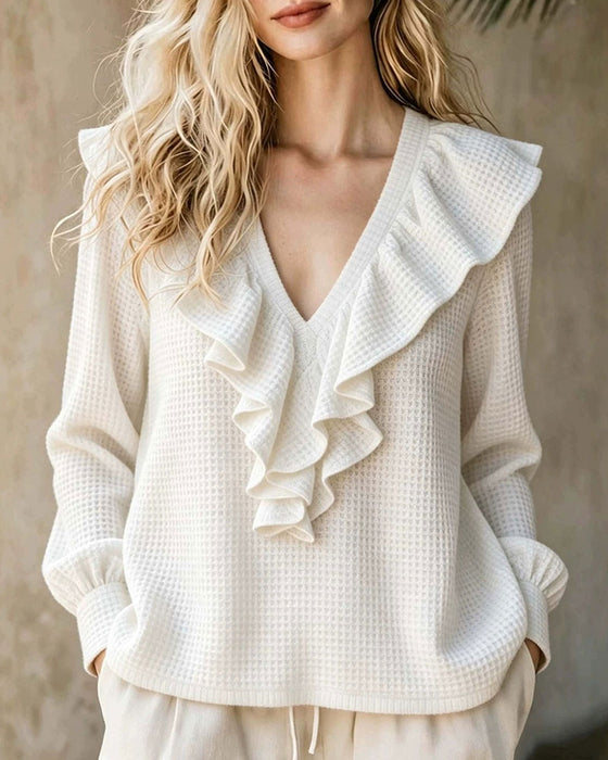 Blouse Tricot Gaufré Col En V Volant