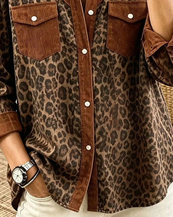 Chemise Revers Bouton Léopard Bloc De Couleur