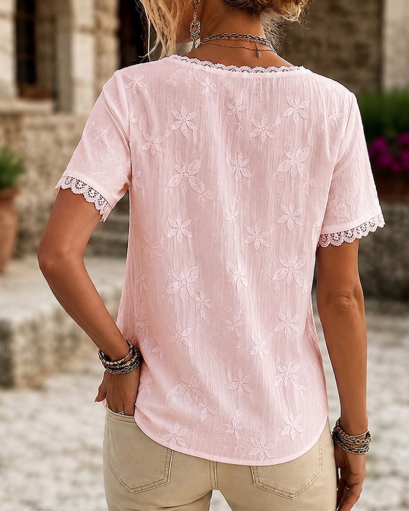Blouse Col V Dentelle Manche Courte