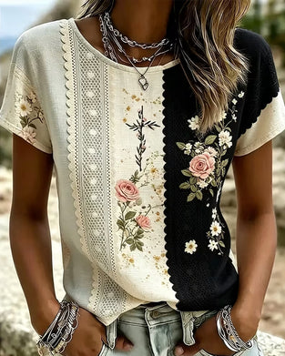 Blouse Contraste Dentelle Rose Imprimé