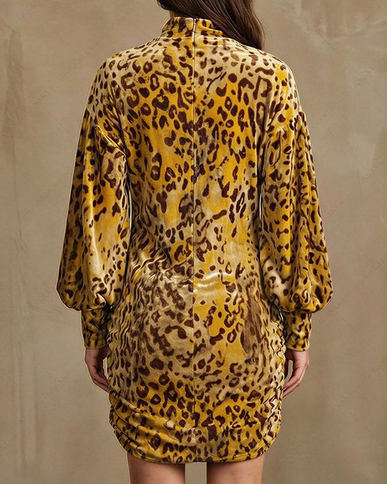 Robe Col Haut Léopard Manche Lanterne Élégante