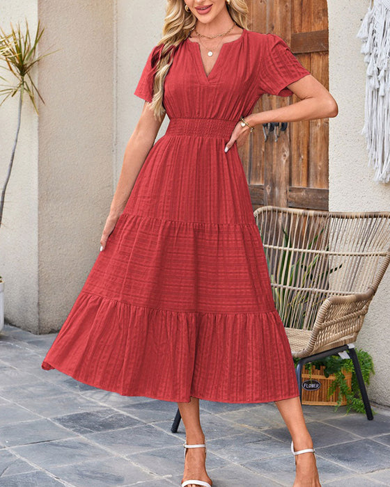 Robe Col En V Froncé Manche Bouffante Manches Courtes