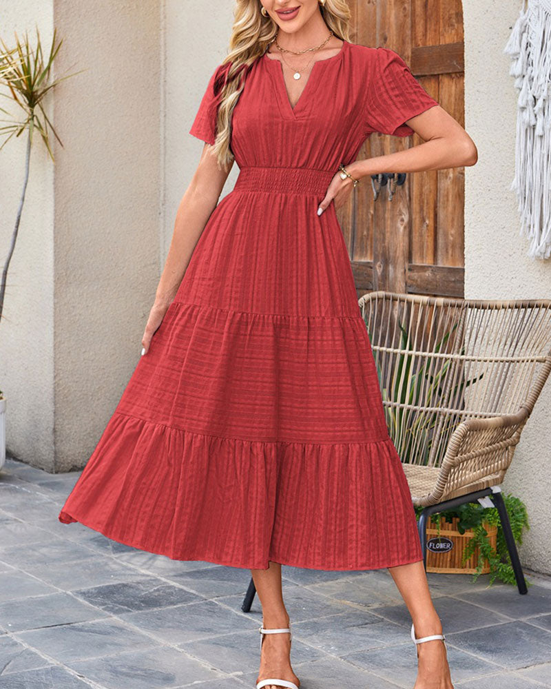 Robe Col En V Froncé Manche Bouffante Manches Courtes
