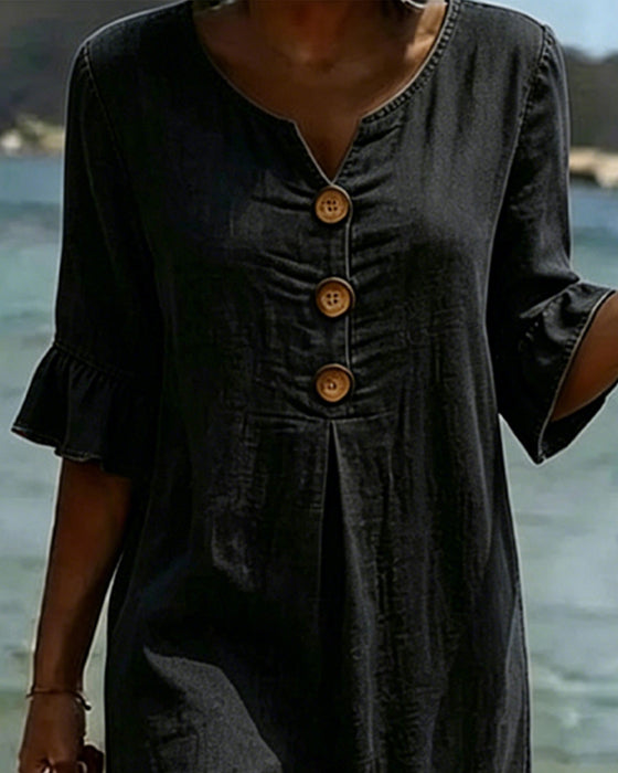 Robe Lotus Feuille Manches Jeans