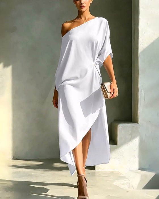 Robe Off-Épaule Froncée Irrégulière Unie