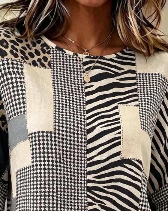 Blouse Col Rond Patchwork Plaid Léopard