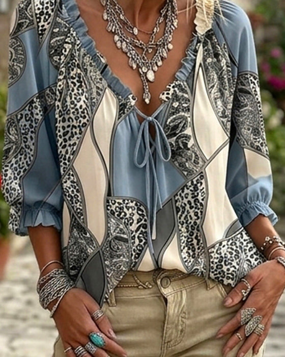 Blouse Col En V Léopard Manches Ballon Attacher