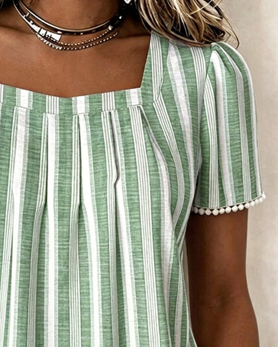 Blouse Rayée Col Carré Manches Courtes