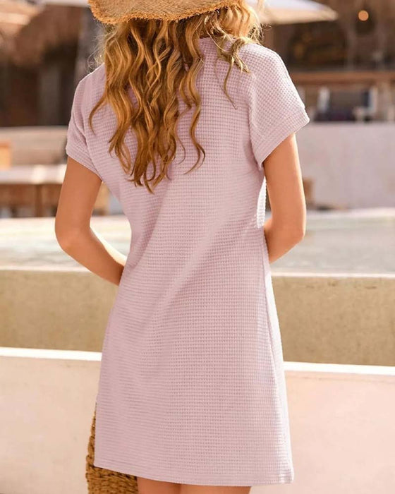 Robe Texture Gaufrée Dentelle Garniture Manches Courtes