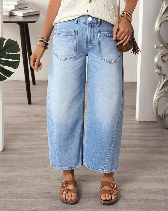 Jean Denim Taille Élastique Large Jambe Cropped