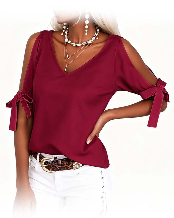 Blouse Col En V Cold Shoulder Nœud Papillon Unie