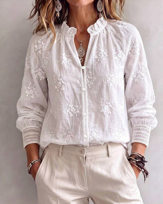 Blouse Bordure Volant Col Mandarin
