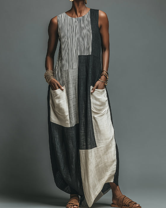 Robe Patchwork Sans Manches Bloc De Couleur Maxi
