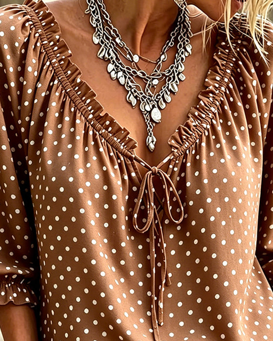 Blouse Col V Volant Polka Dot Attache