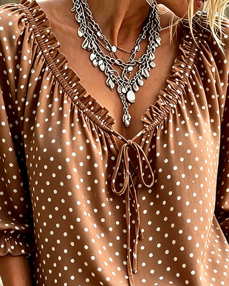 Blouse Col V Volant Polka Dot Attache