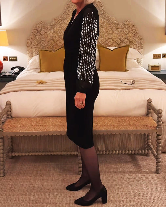 Robe Col En V Manches Longues Taille Cintrée Midi