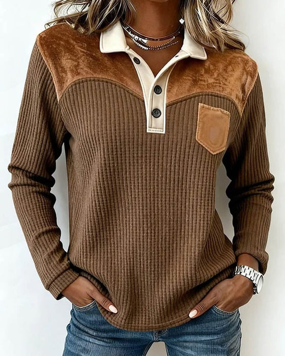Sweatshirt Col Chemise Gaufrage Patchwork