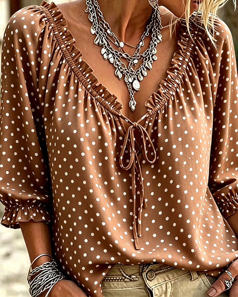Blouse Col V Volant Polka Dot Attache