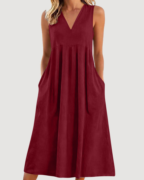 Robe Unie Col V Sans Manches