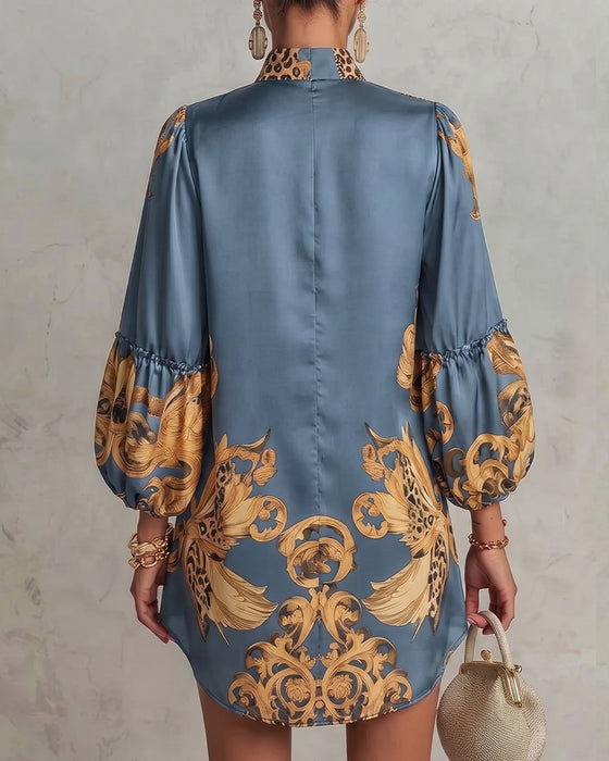 Robe Léopard Manche Lanterne Col Montant Imprimé