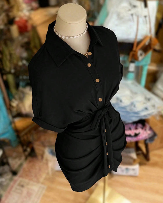 Robe Attacher Bouton Plissé Col Chemise