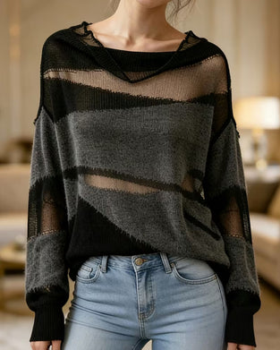 Pullover Couleur Contrastante Transparent Manches Longues Pull