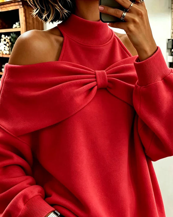 Sweatshirt Hoher Hals Off-Shoulder Schleife