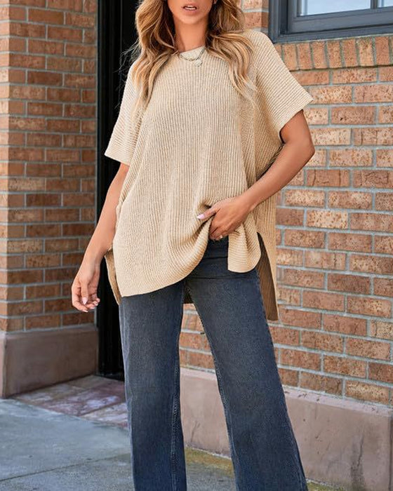 Pull-Over Unie Col Rond Manches Chauve-Souris