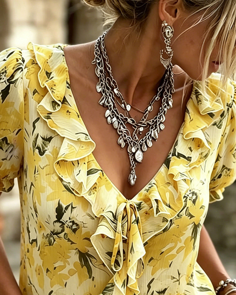 Blouse Col V Volant Manche Bouffante