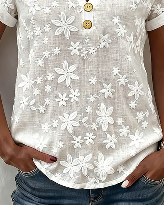 Blouse Unie 3d Fleurie Col V