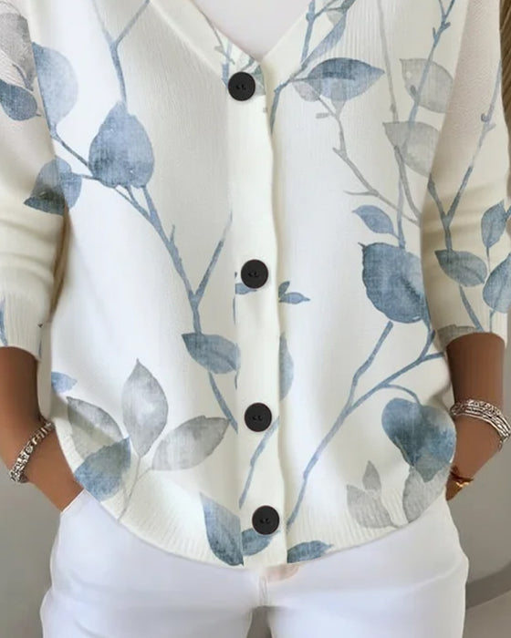 Pull Col V Bouton Feuille Imprimé