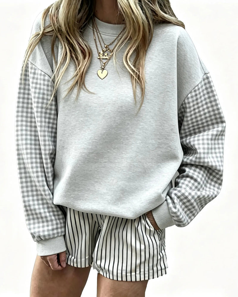 Sweatshirt Col Rond Écossais Patchwork Uni