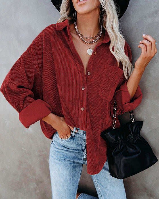 Blouse Unie En Velours Côtelé Avec Poche