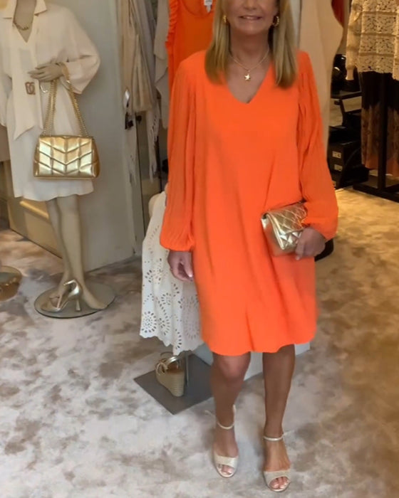 Robe col en V à manches lanternes de couleur unie