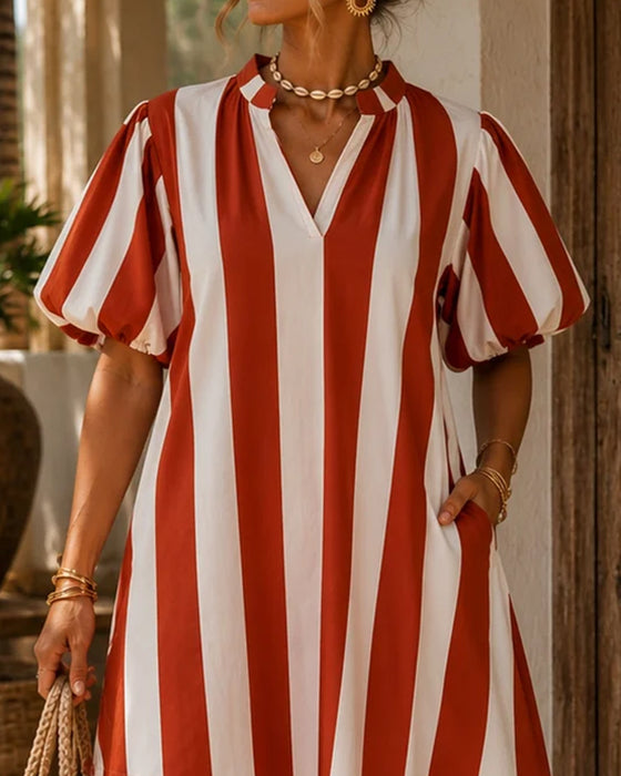 Robe Col V Col Montant Rayé Manche Bouffante Poche