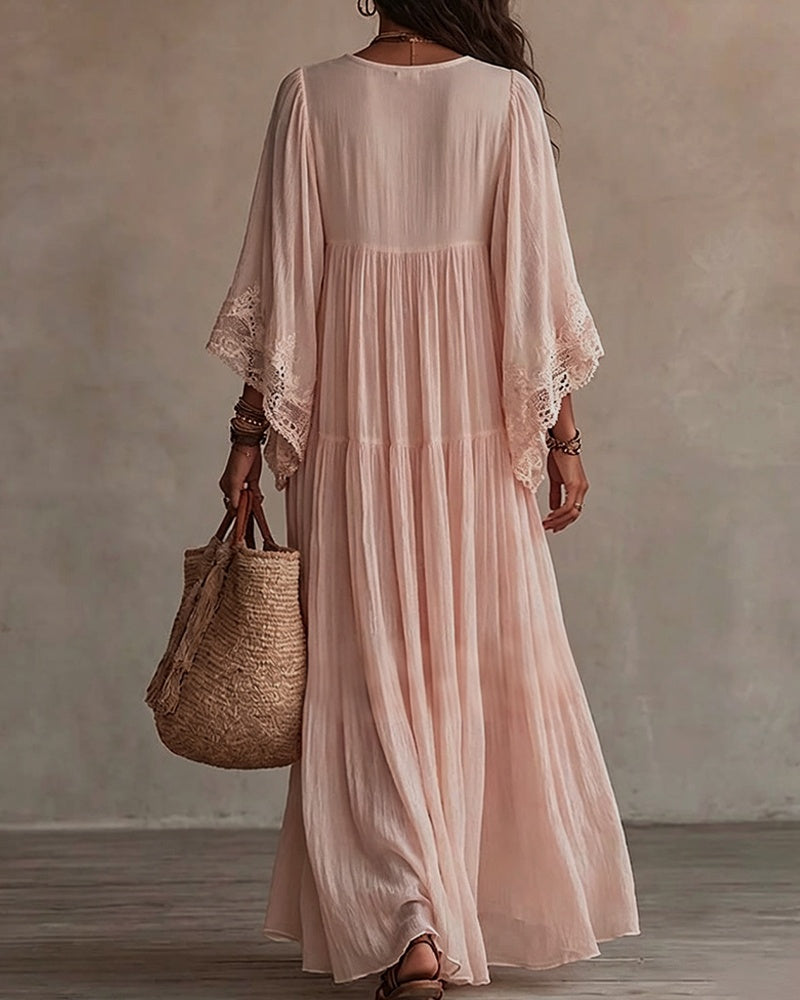 Robe Col V Dentelle Patchwork Unie