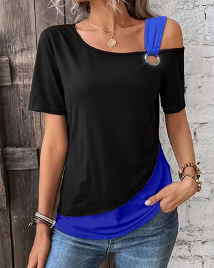 T-Shirt Épaule Dénudée Bloc De Couleur Décontracté